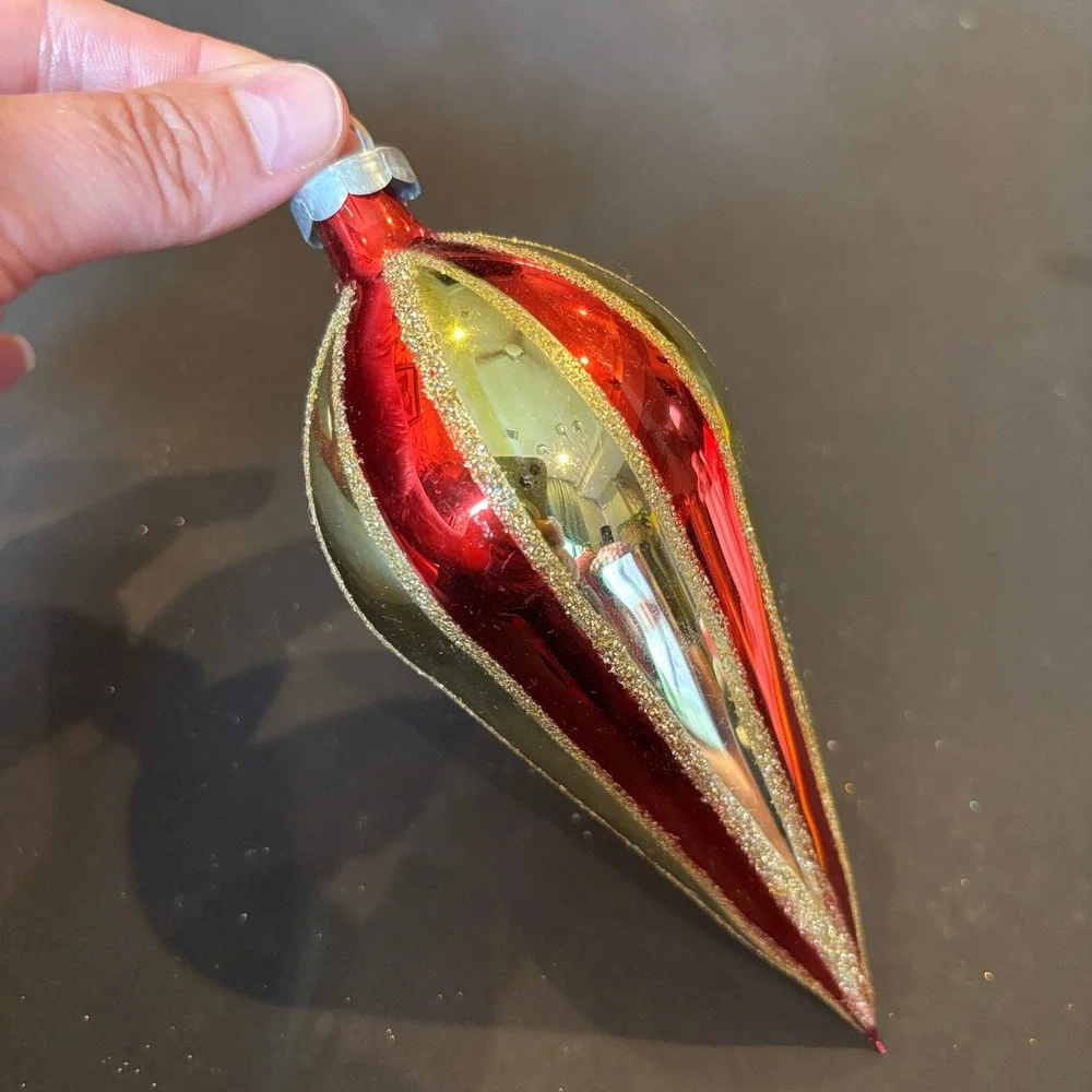 Vintage Teardrop Christmas Ornament Red Gold Glitter Striped Glass USA Made